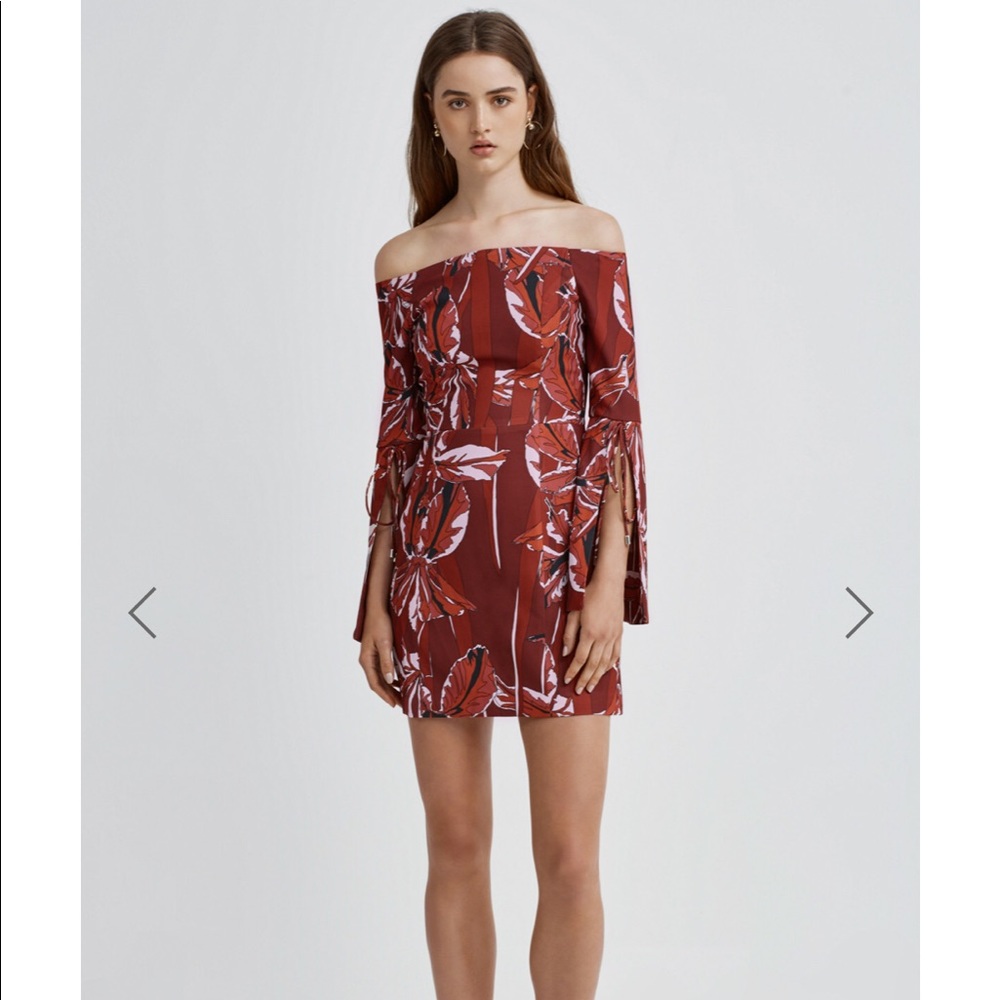 C/meo red off shoulder floral allure dress XS